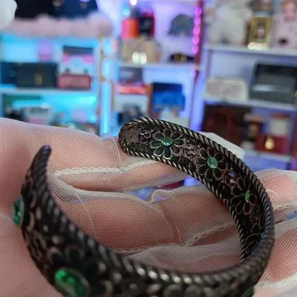 GUCCI Crystal Floral G Bangle 925 Silver Bracelet Green - Picture 11 of 14